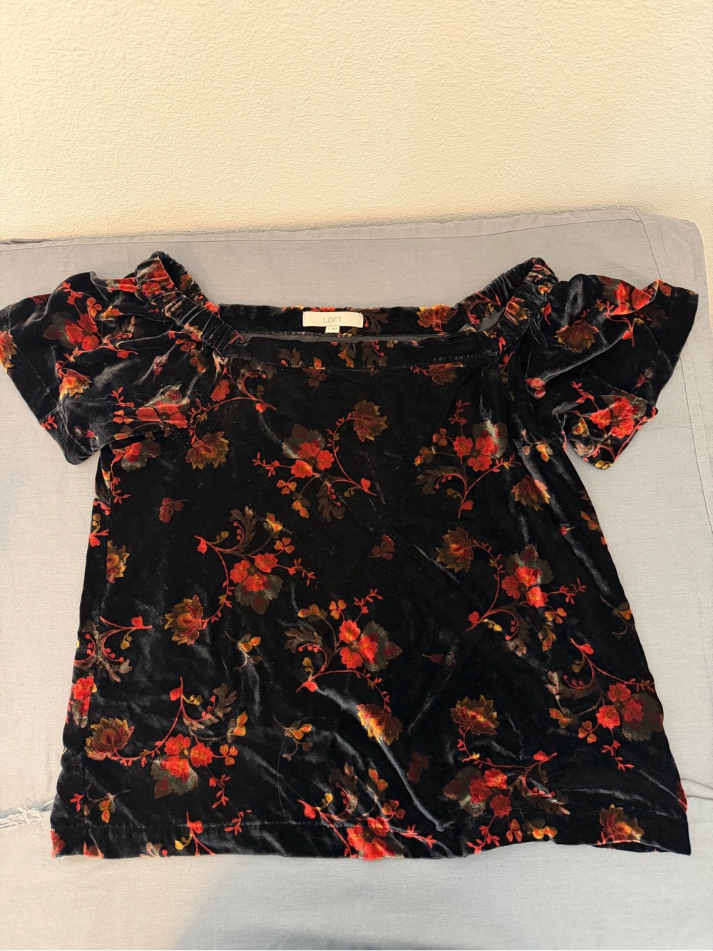 LOFT Black Velvet Floral Off-Shoulder Top